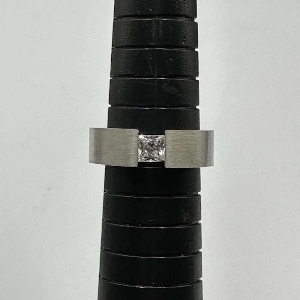 Stainless Steel Ring Size 6.5 Channel Set Clear Princess Cut Stone Modern Band - Picture 2 of 10